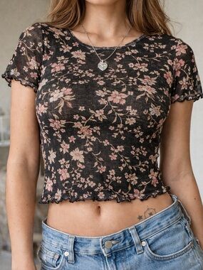 American Eagle Dark Floral Mesh Baby Tee Lettuce Hem Soft Grunge Y2K L